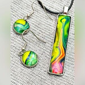 Jewelry Set Original Acrylic Pour Painting Colorful Abstract Art signed 5513 Y